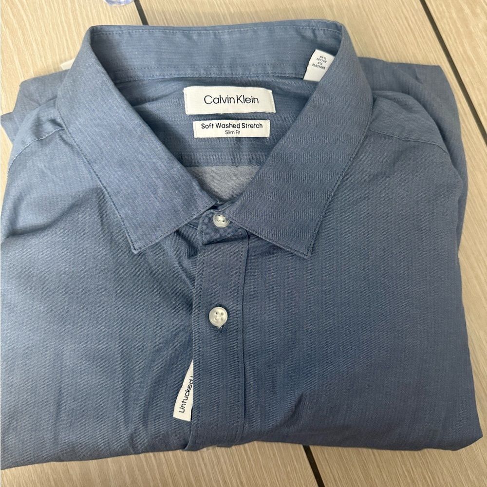 New Calvin Klein Men's Soft Washed Stretch Blue Shirt 2XL long sleeve